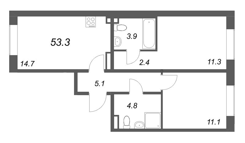 2-комнатная квартира, 53.3 м² в ЖК "Пулково Lake" - планировка, фото №1