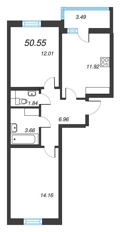 2-комнатная квартира, 50.55 м² - планировка, фото №1