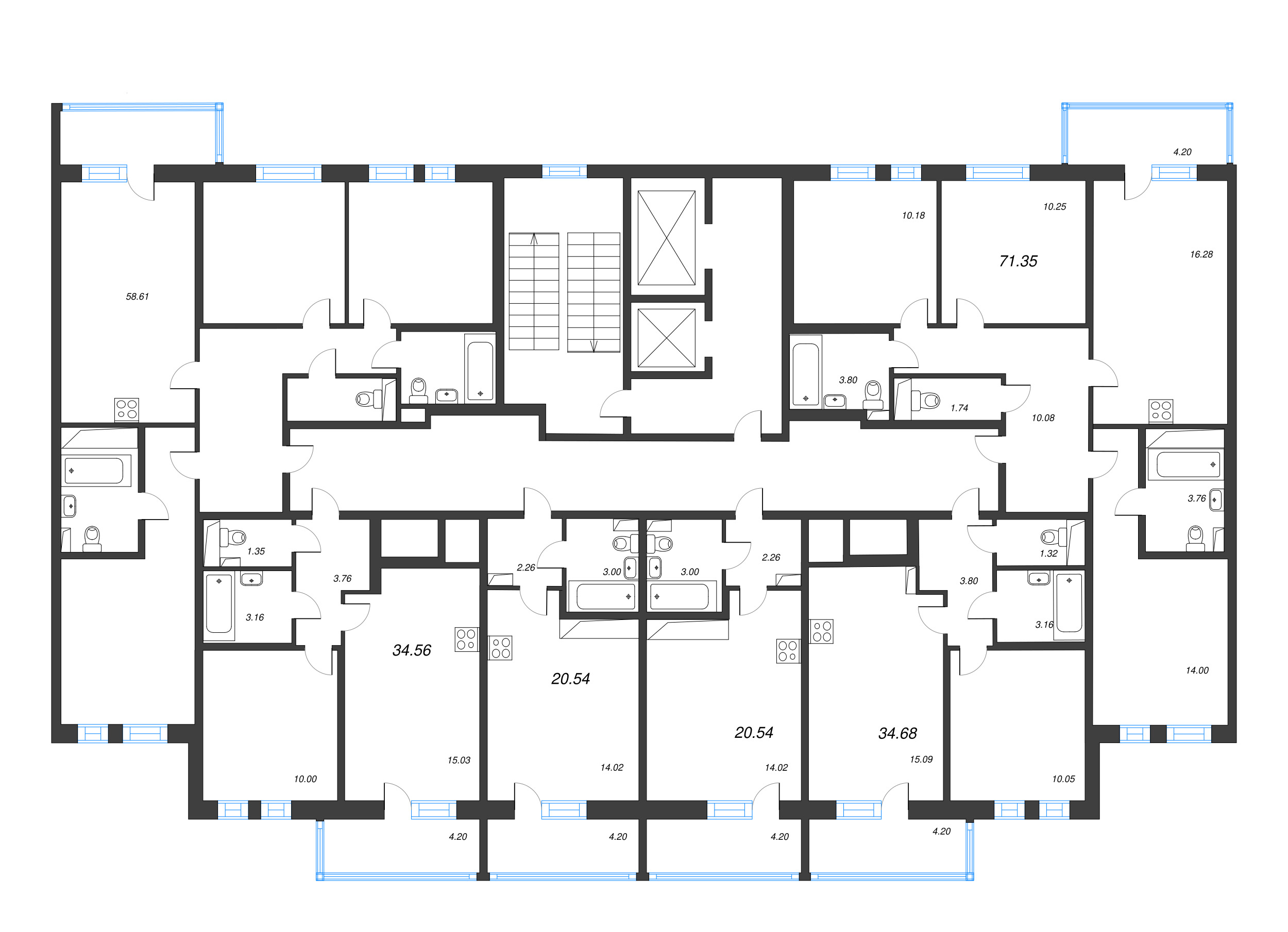 2-комнатная (Евро) квартира, 34.56 м² в ЖК "Аэросити" - планировка этажа