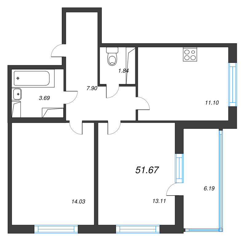 2-комнатная квартира, 51.67 м² в ЖК "ЮгТаун" - планировка, фото №1