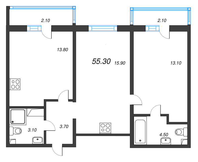 3-комнатная (Евро) квартира, 55.3 м² в ЖК "Дыбенко Парк" - планировка, фото №1