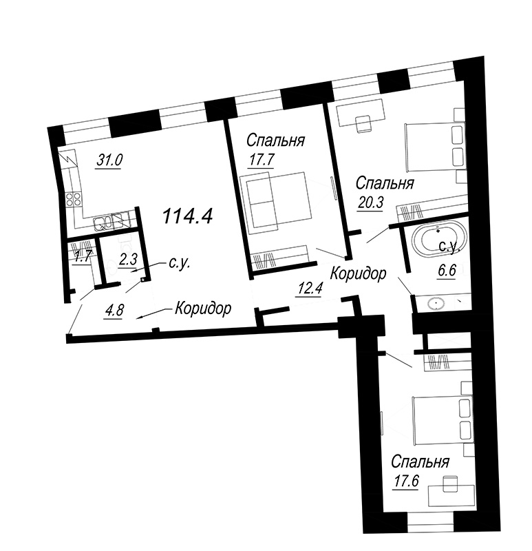 3-комнатная квартира, 119.44 м² - планировка, фото №1