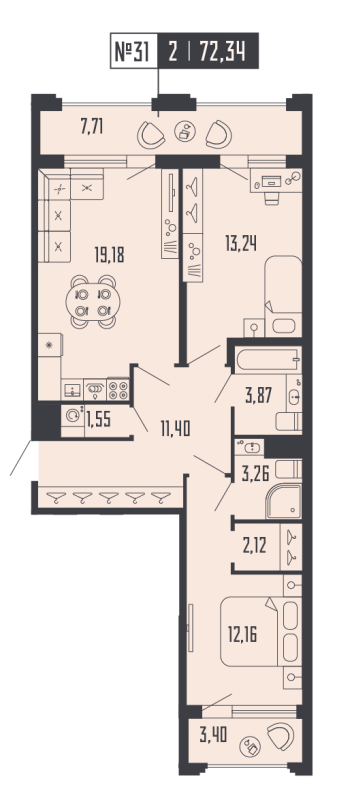 3-комнатная (Евро) квартира, 72.34 м² - планировка, фото №1