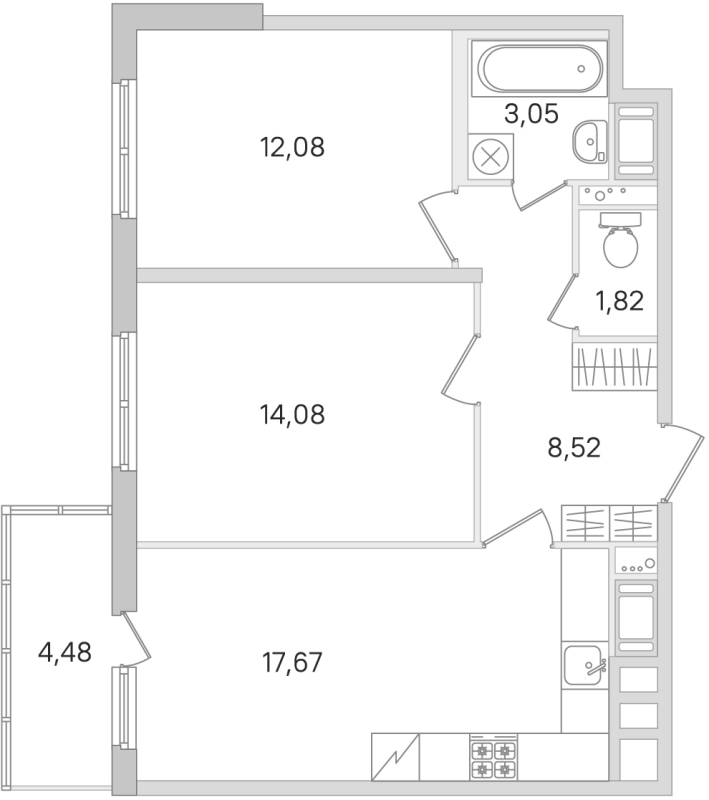 3-комнатная (Евро) квартира, 57.22 м² в ЖК "Ясно.Янино" - планировка, фото №1