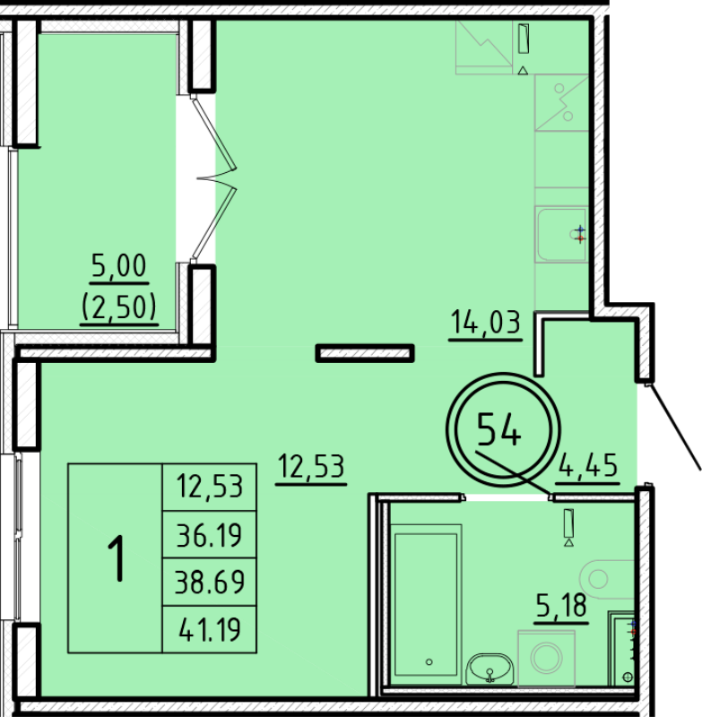 1-комнатная квартира, 36.19 м² - планировка, фото №1