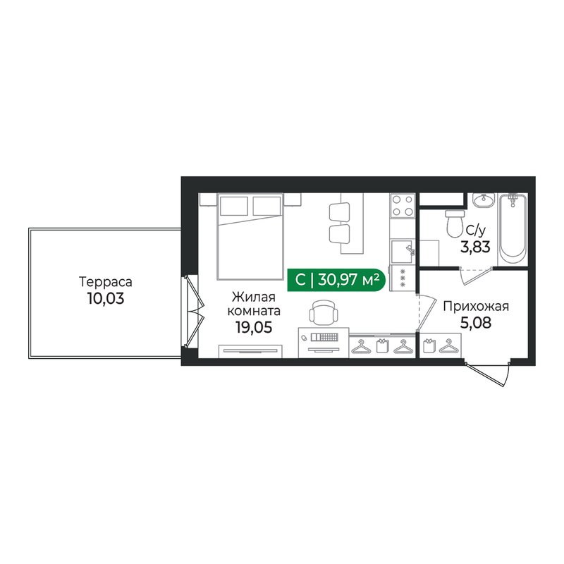Квартира-студия, 30.97 м² в ЖК "Сертолово Парк" - планировка, фото №1