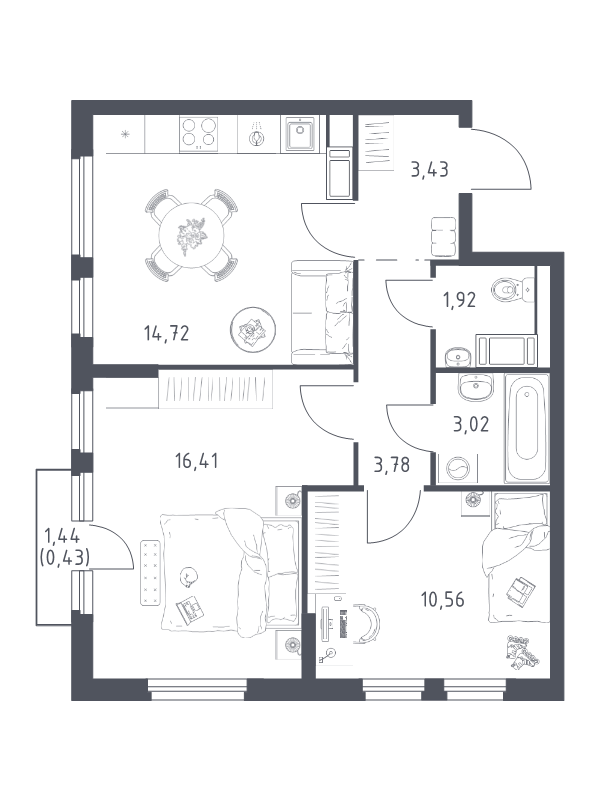 2-комнатная квартира, 54.27 м² в ЖК "Новое Колпино" - планировка, фото №1