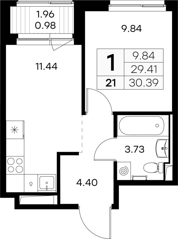 1-комнатная квартира, 30.39 м² - планировка, фото №1