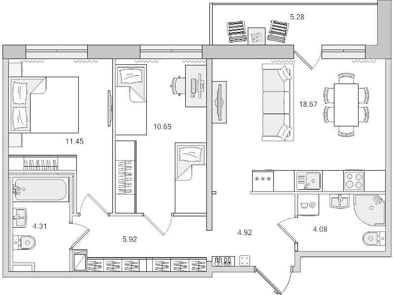 3-комнатная (Евро) квартира, 60 м² - планировка, фото №1