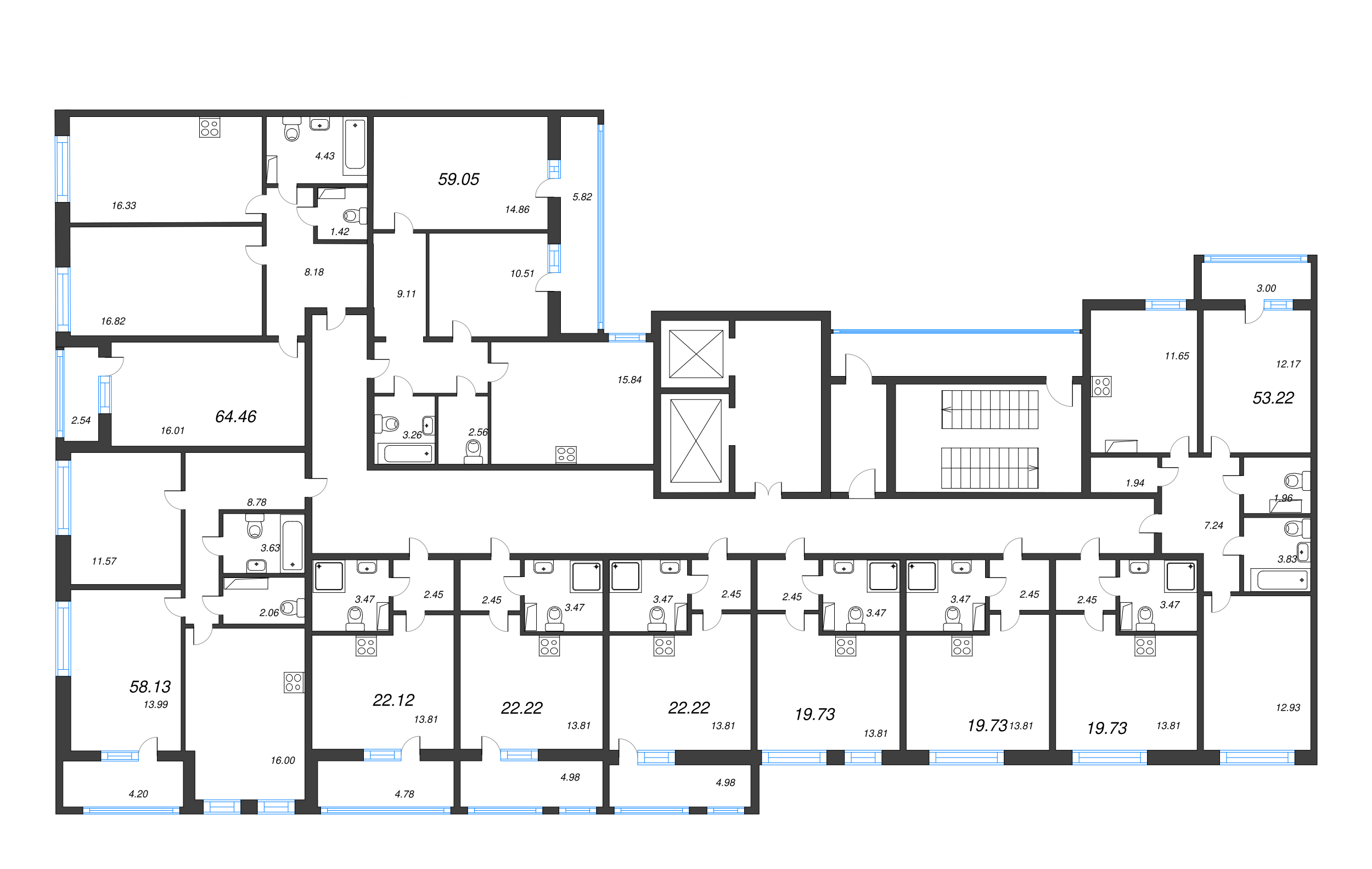 3-комнатная (Евро) квартира, 64.46 м² - планировка этажа