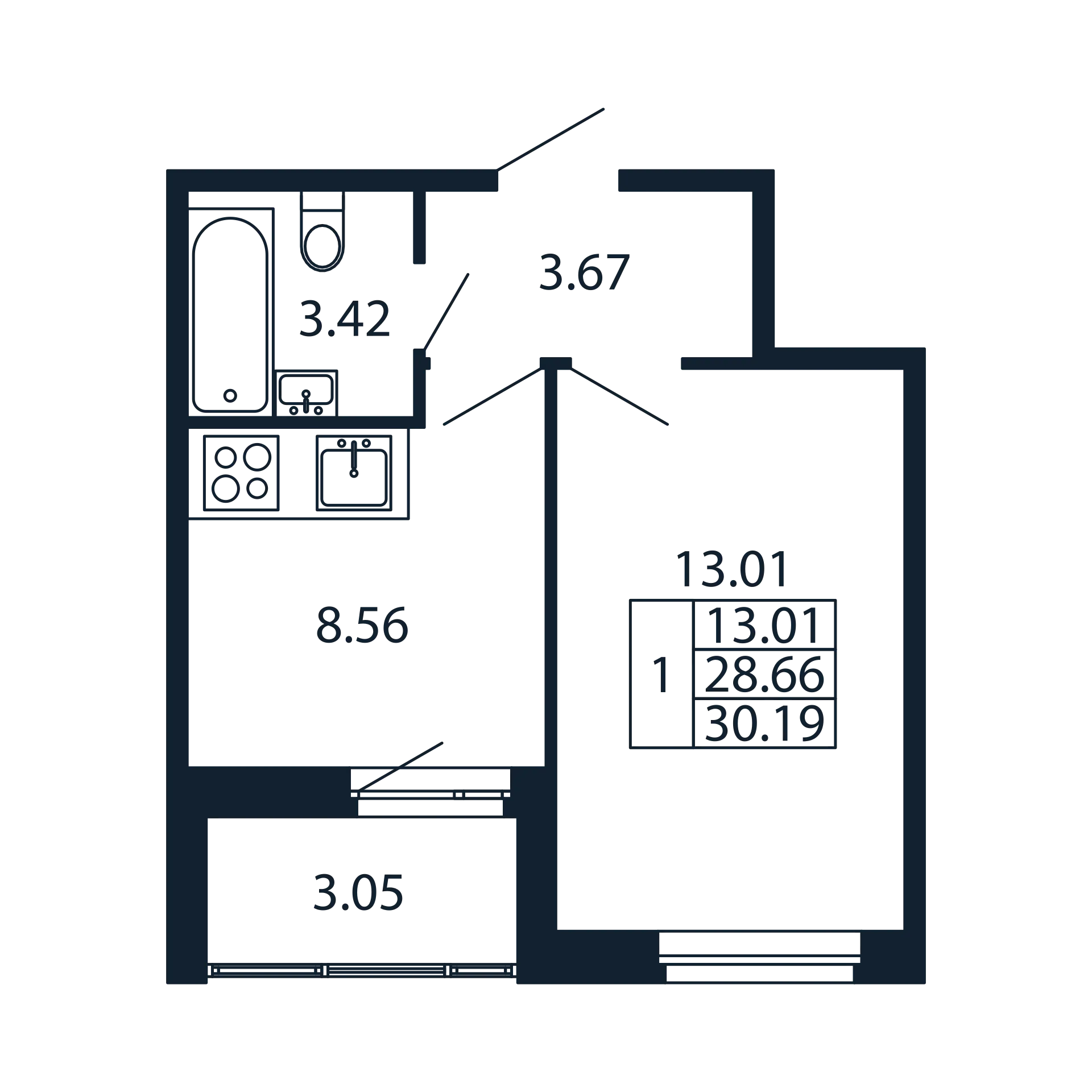 1-комнатная квартира, 28.66 м² в ЖК "Полис Новоселье" - планировка, фото №1