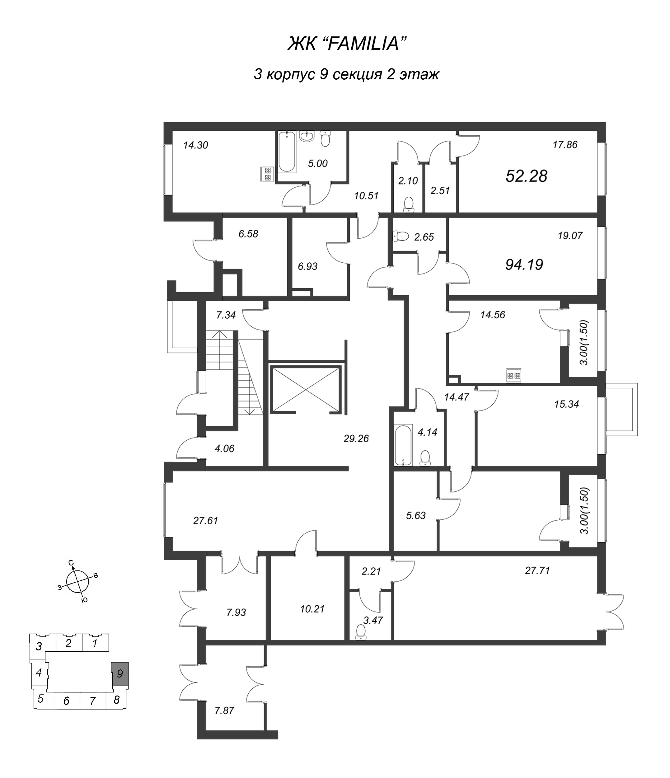 1-комнатная квартира, 52.4 м² в ЖК "FAMILIA" - планировка этажа