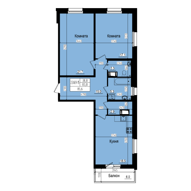 3-комнатная (Евро) квартира, 85.6 м² в ЖК "ПРАГМА city" - планировка, фото №1