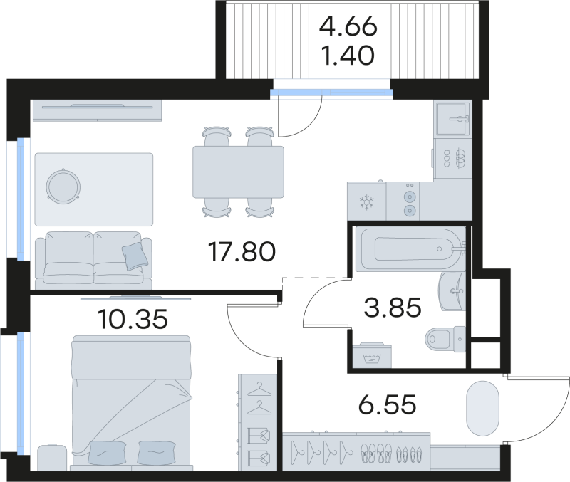 2-комнатная (Евро) квартира, 39.95 м² в ЖК "Парголово" - планировка, фото №1
