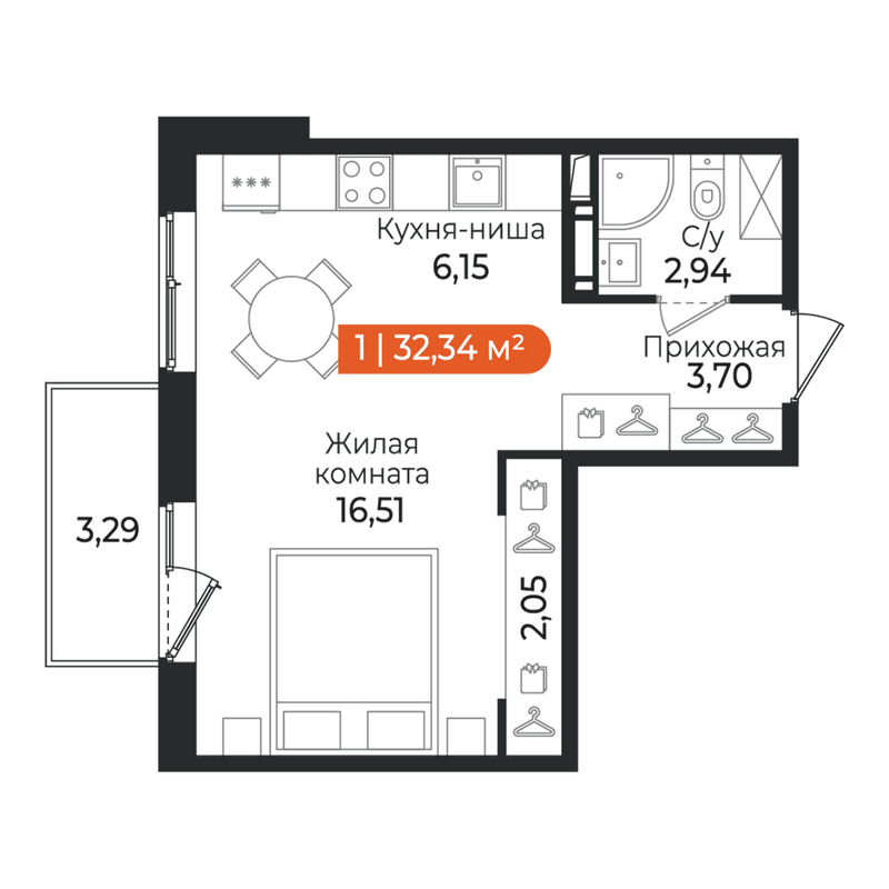 Квартира-студия, 32.34 м² в ЖК "Алгоритм Квинта" - планировка, фото №1