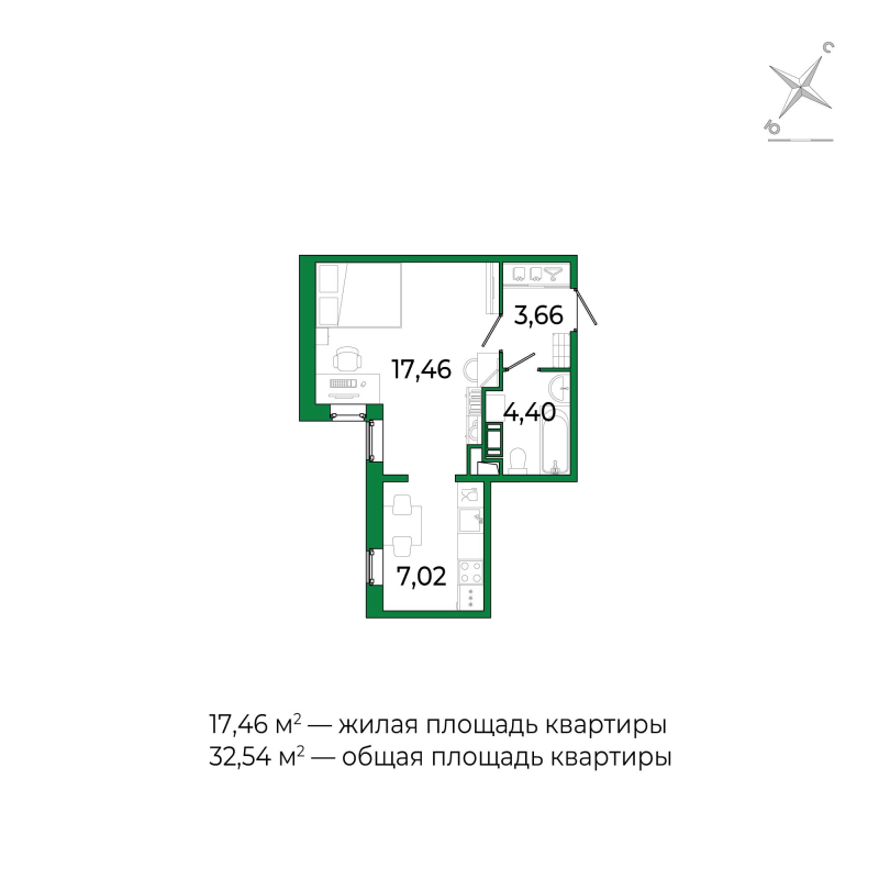Квартира-студия, 31.7 м² в ЖК "Сертолово Парк" - планировка, фото №1