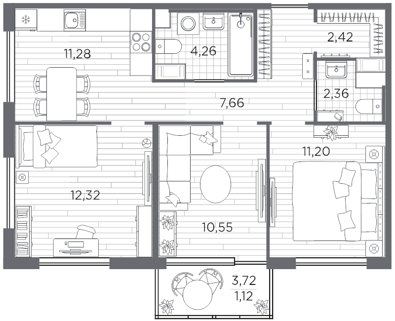 3-комнатная квартира, 63.17 м² в ЖК "PLUS Пулковский" - планировка, фото №1