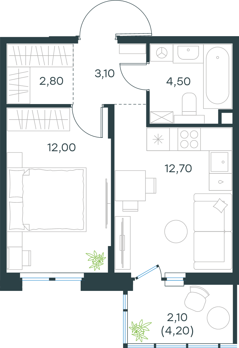 1-комнатная квартира, 37.2 м² в ЖК "Левел Мечникова" - планировка, фото №1