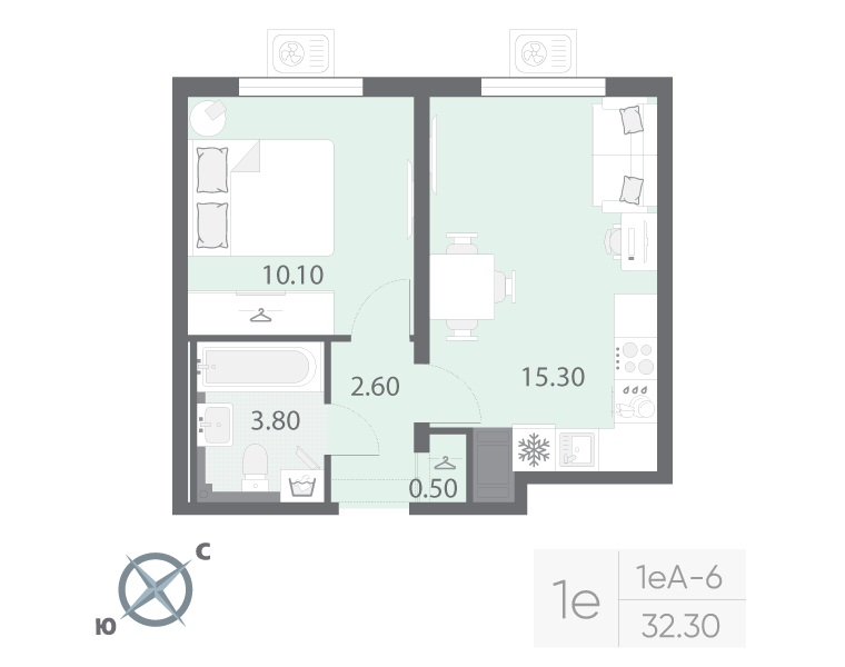 2-комнатная (Евро) квартира, 32.3 м² в ЖК "Зеркальный ручей" - планировка, фото №1