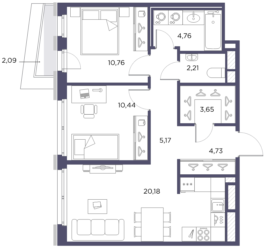 3-комнатная (Евро) квартира, 61.9 м² в ЖК "Лисичанская, 22" - планировка, фото №1