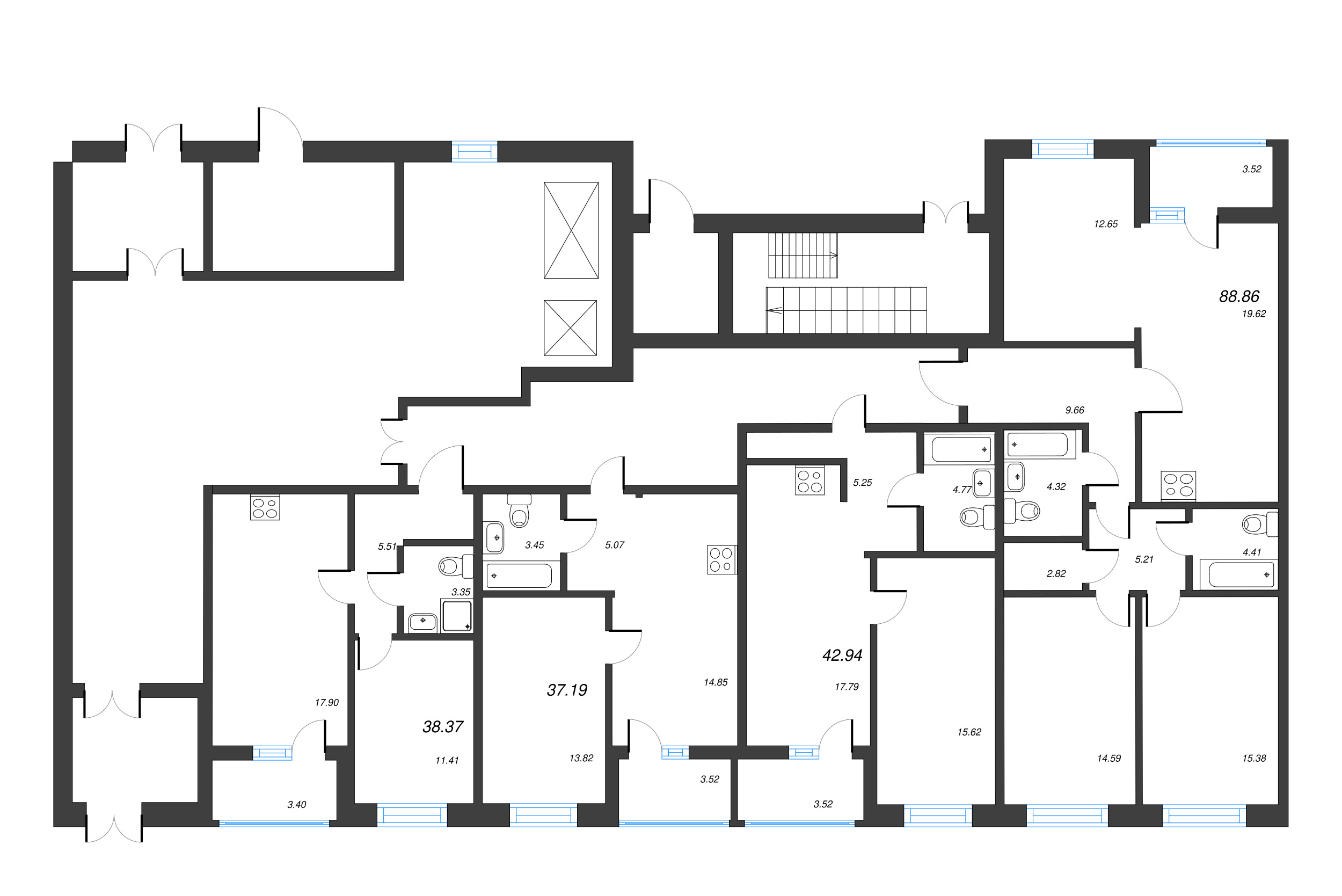 3-комнатная квартира, 88.86 м² - планировка этажа