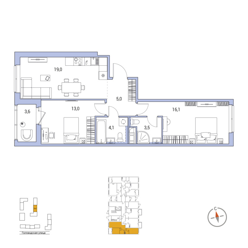 3-комнатная (Евро) квартира, 62.5 м² в ЖК "Янила Форест" - планировка, фото №1