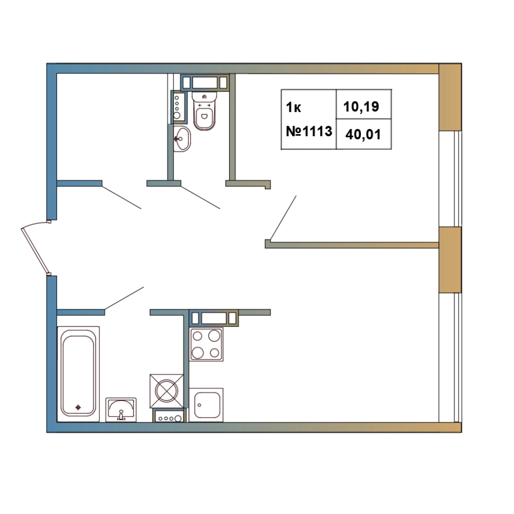 1-комнатная квартира, 40.01 м² в ЖК "Атмосфера Выборга" - планировка, фото №1