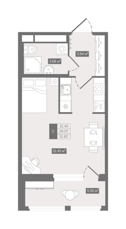 Квартира-студия, 31.82 м² в ЖК "Квартал «Воронцовский»" - планировка, фото №1