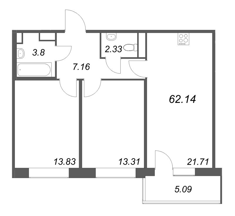 3-комнатная (Евро) квартира, 62.14 м² в ЖК "Дом на Курской" - планировка, фото №1