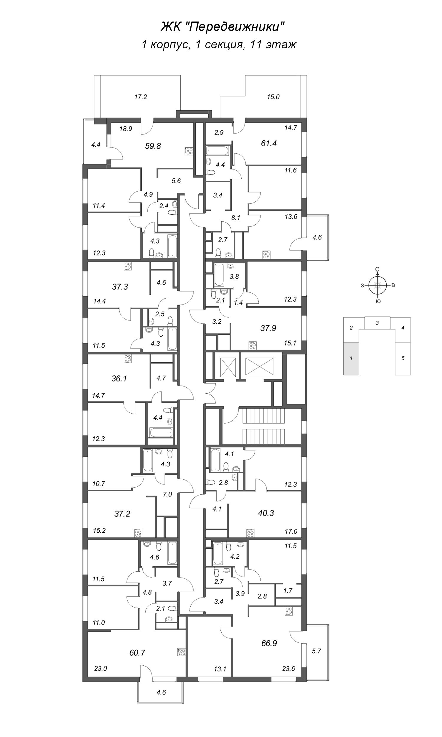 1-комнатная квартира, 37.3 м² в ЖК "Передвижники" - планировка этажа