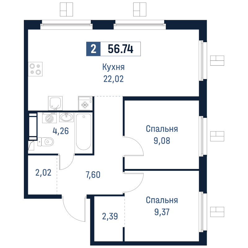 3-комнатная (Евро) квартира, 56.74 м² в ЖК "Максималист" - планировка, фото №1