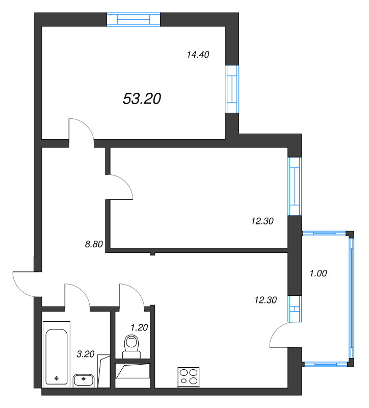 2-комнатная квартира, 53.2 м² - планировка, фото №1