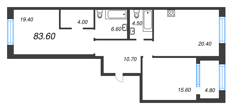 3-комнатная (Евро) квартира, 83.6 м² - планировка, фото №1