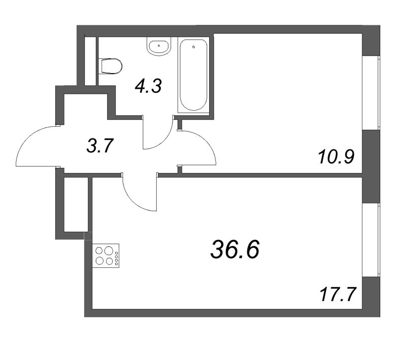 2-комнатная (Евро) квартира, 36.6 м² в ЖК "Большая Охта" - планировка, фото №1