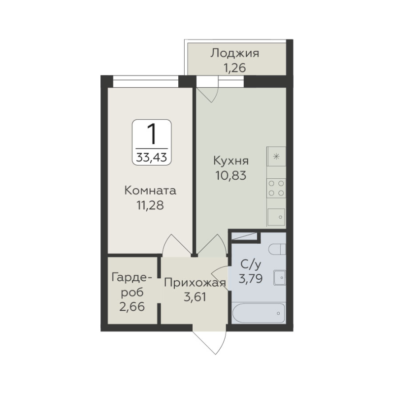 1-комнатная квартира, 33.43 м² в ЖК "Панорама Юкки" - планировка, фото №1