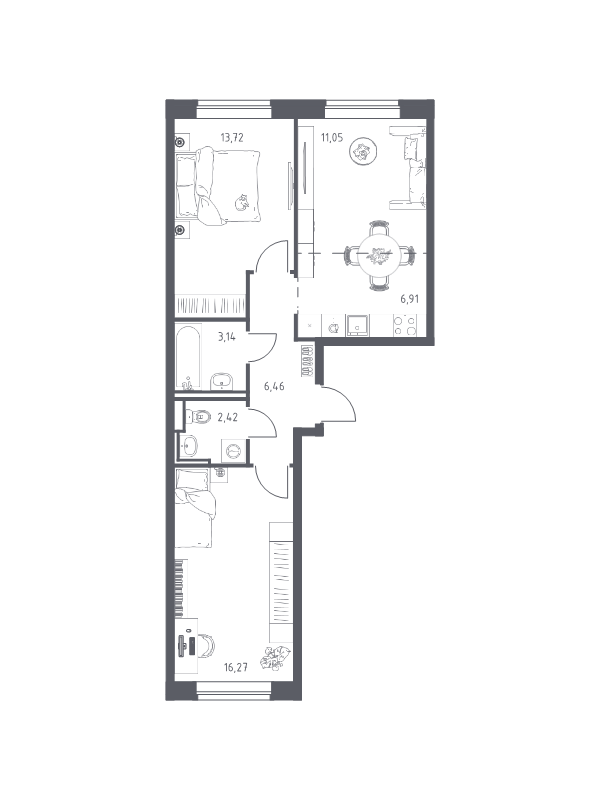 3-комнатная (Евро) квартира, 59.97 м² в ЖК "Живи! В Рыбацком" - планировка, фото №1