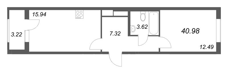2-комнатная (Евро) квартира, 40.98 м² в ЖК "Гранат" - планировка, фото №1