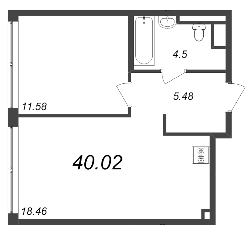 2-комнатная (Евро) квартира, 40.02 м² - планировка, фото №1