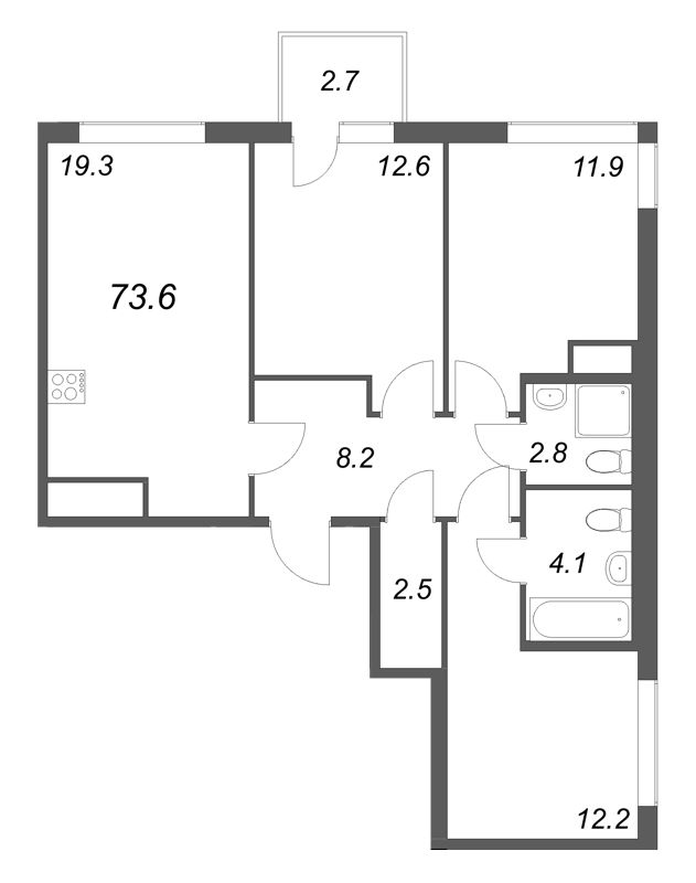 4-комнатная (Евро) квартира, 73.6 м² в ЖК "Гений" - планировка, фото №1