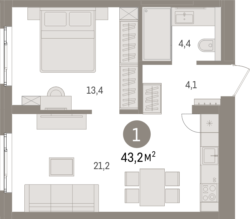 2-комнатная (Евро) квартира, 43.2 м² в ЖК "Брусника в Новоселье" - планировка, фото №1