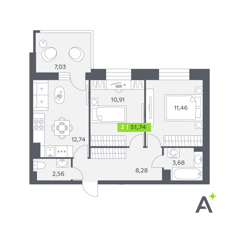 2-комнатная квартира, 51.74 м² в ЖК "Аквилон РекаПарк" - планировка, фото №1
