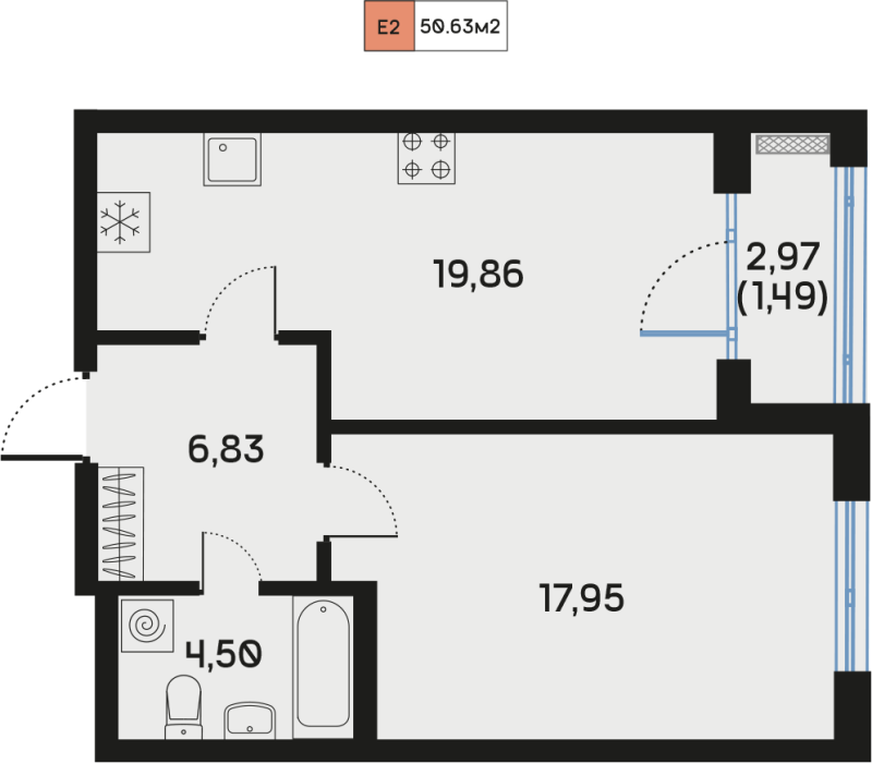 2-комнатная (Евро) квартира, 50.61 м² в ЖК "Дом Регенбоген" - планировка, фото №1