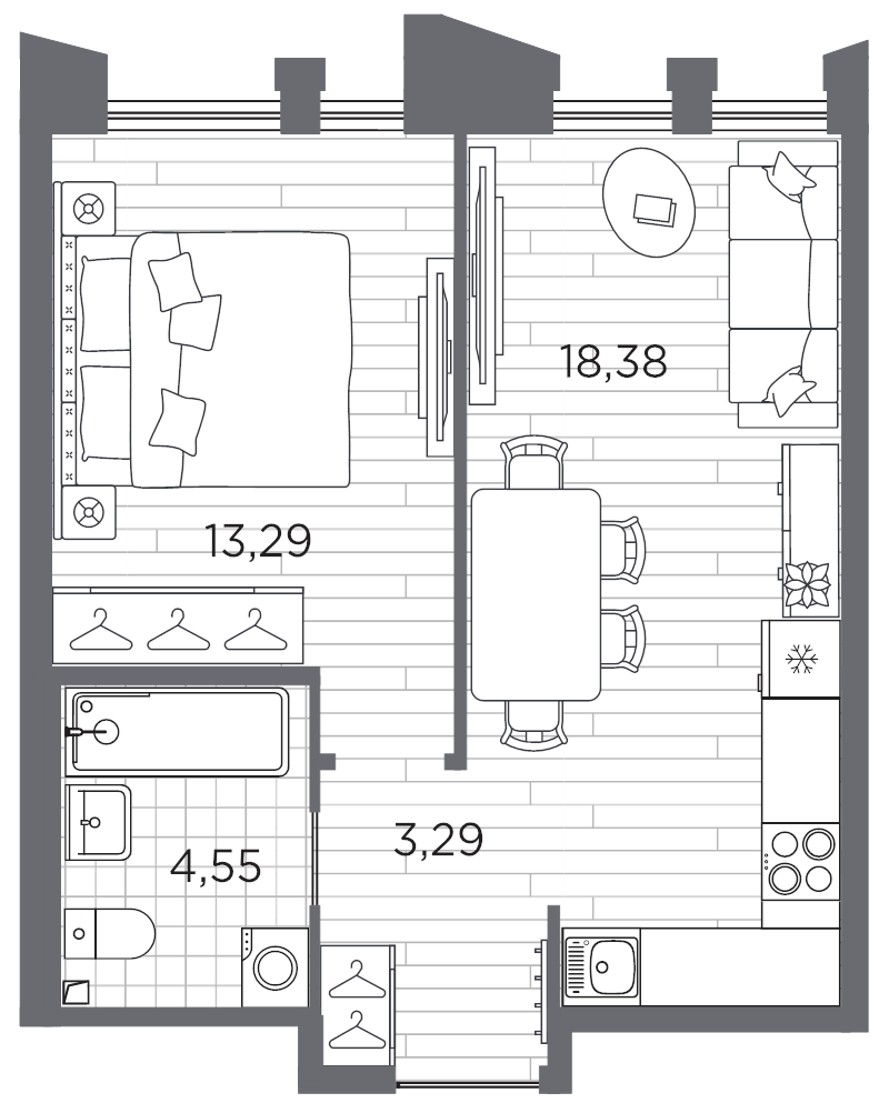 2-комнатная (Евро) квартира, 39.51 м² в ЖК "Галерная гавань" - планировка, фото №1