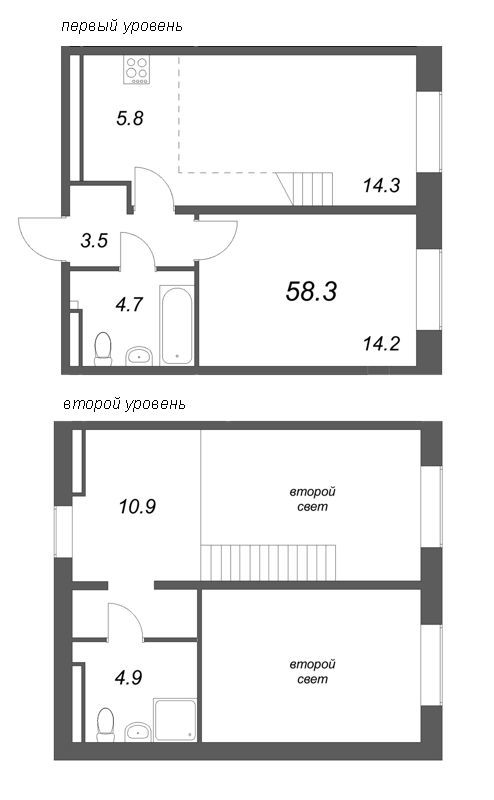 3-комнатная (Евро) квартира, 58.3 м² в ЖК "Пулково Lake" - планировка, фото №1