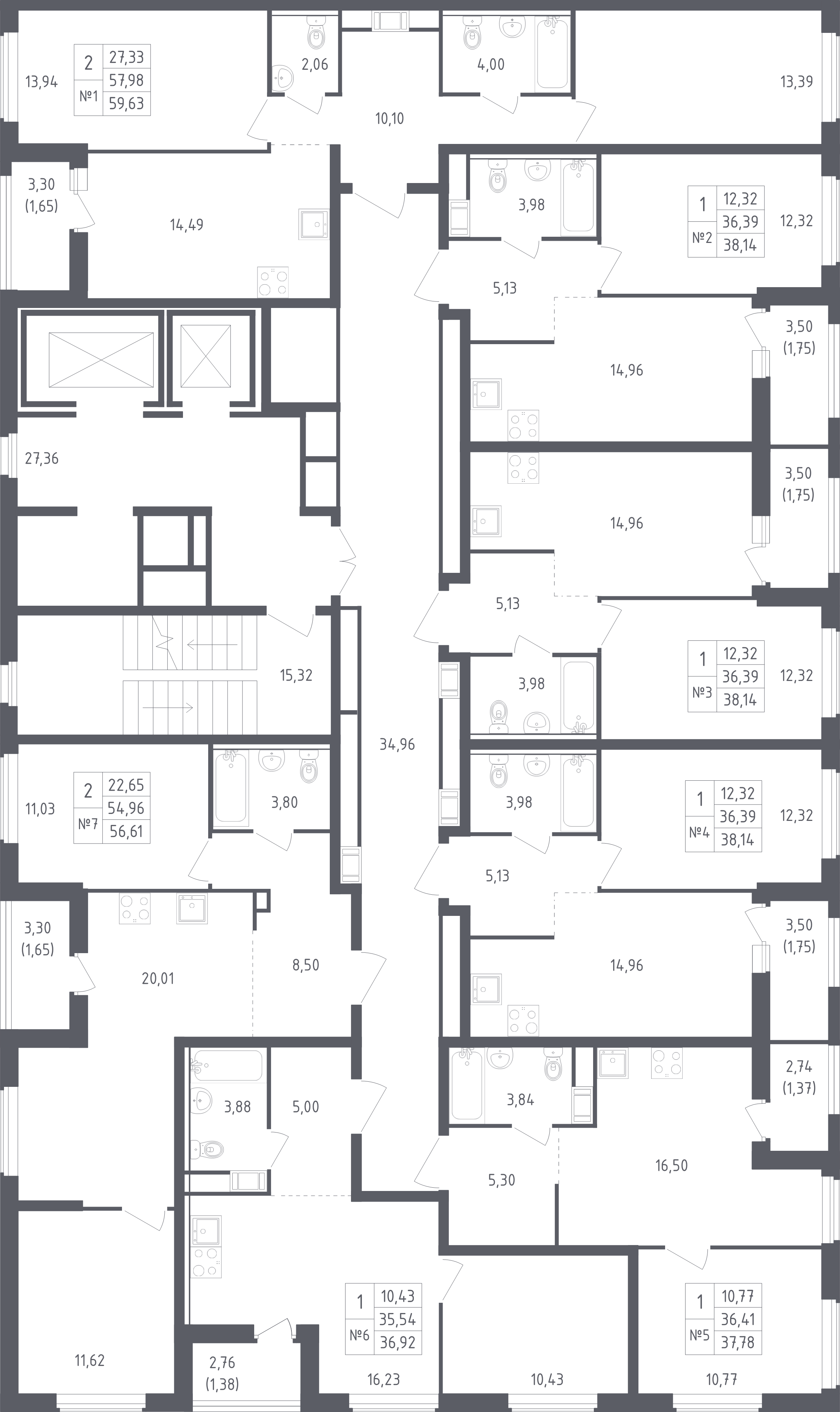 2-комнатная квартира, 59.63 м² - планировка этажа