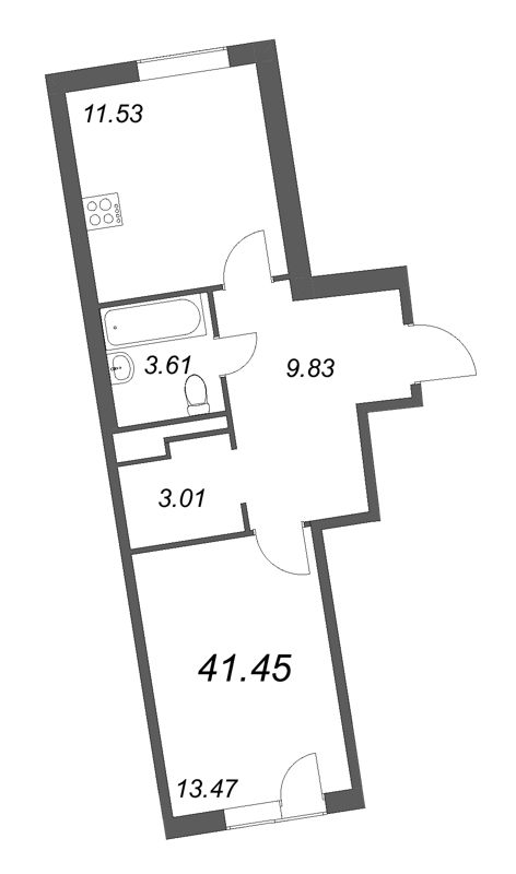 1-комнатная квартира, 41.45 м² - планировка, фото №1