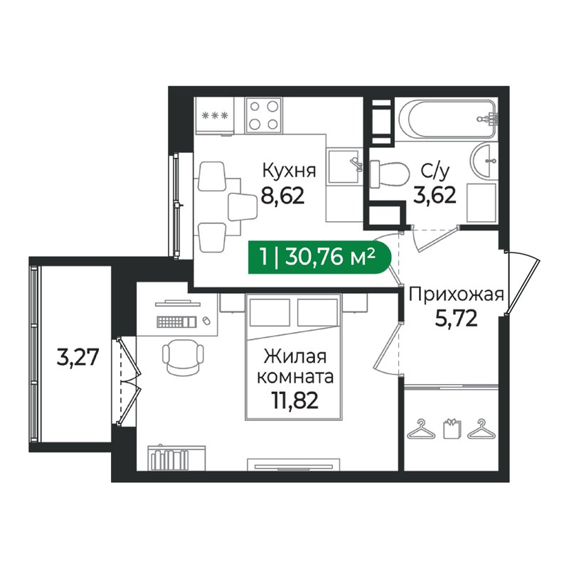 1-комнатная квартира, 30.76 м² в ЖК "Сертолово Парк" - планировка, фото №1