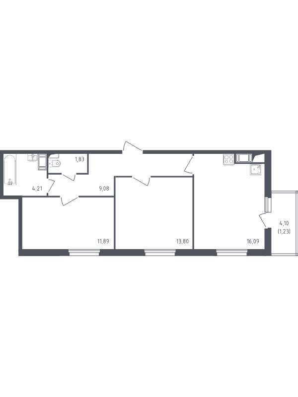 3-комнатная (Евро) квартира, 58.13 м² - планировка, фото №1