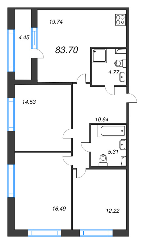 4-комнатная (Евро) квартира, 83.7 м² - планировка, фото №1