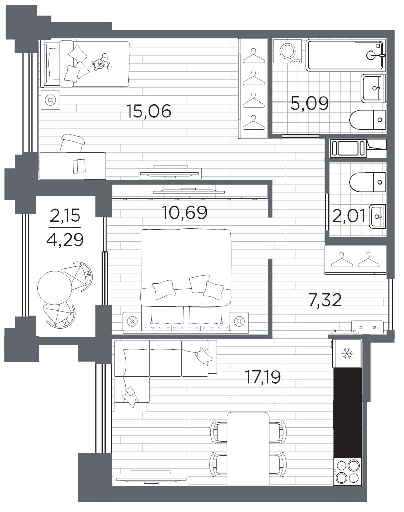3-комнатная (Евро) квартира, 59.51 м² в ЖК "Ассамблея" - планировка, фото №1